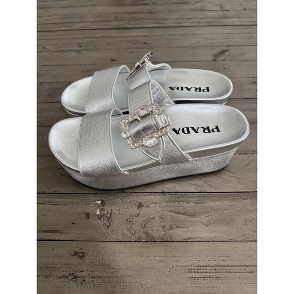 Prada Silver Metallic Leather Platform Crystal Buckle Slide Sandals Size 38 8 - Picture 2 of 10